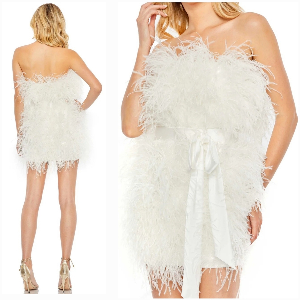New Mac Duggal 11436 Feather Strapless‎ Bridal Cocktail Formal Mini Dress Size 4